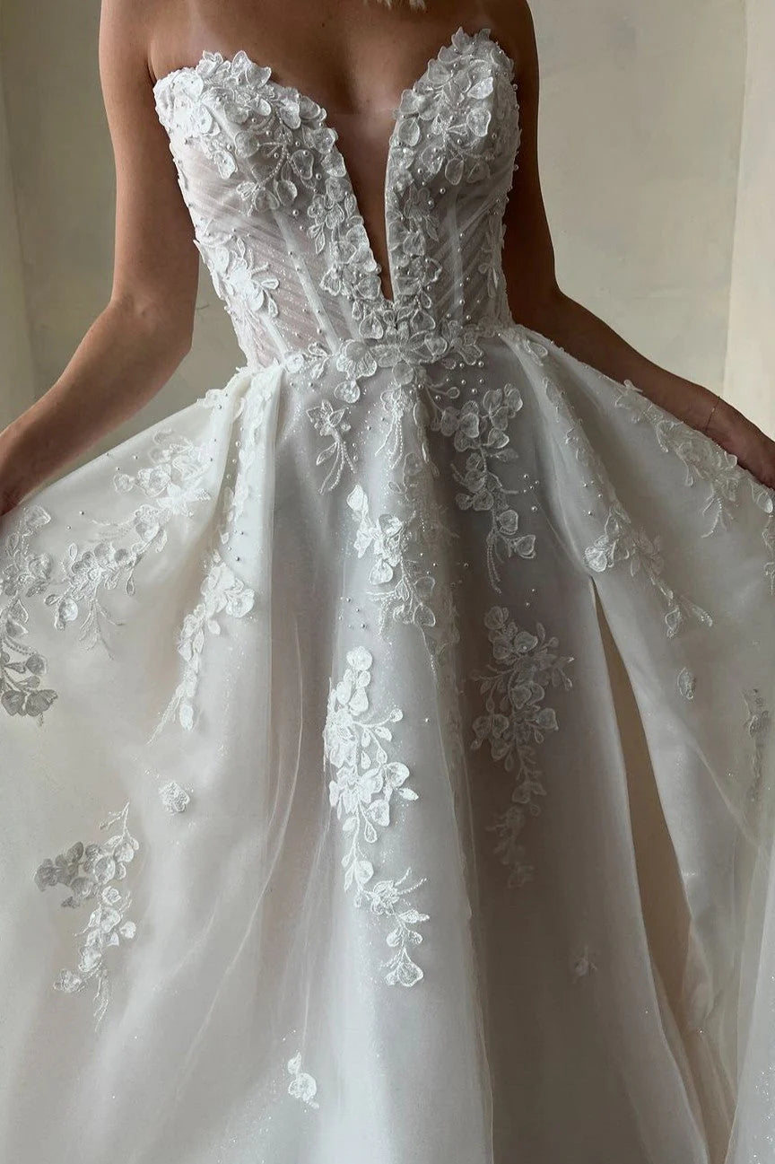 Luolandi Wedding Dress Sweetheart Appliques A Line Bridal Dress V-neck Off Shoulder Floor Length